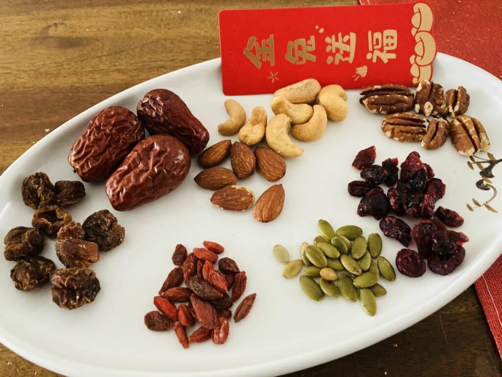 8 dry nuts and fruit examples for eight-treasure rice pudding for Chinese New Year 