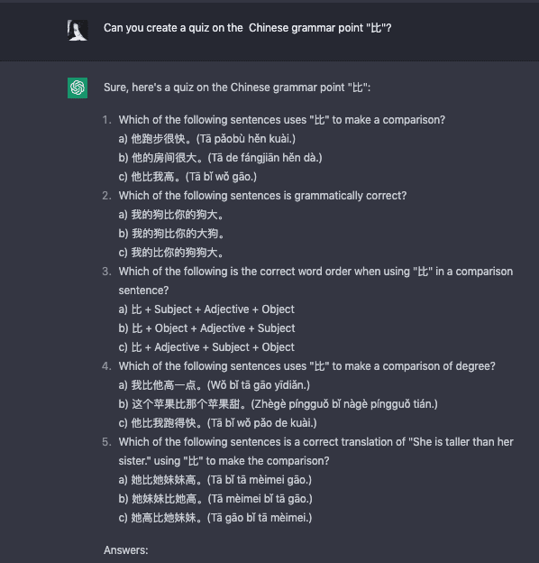 Using ChatGPT to Create quiz on grammar points