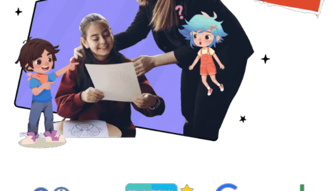 A mother and child learning Chinese characters together online with fun illustrations.